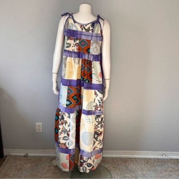 Handmade Multicolor Patchwork Tiered Sundress with Shoulder Straps Size L - Picture 4 of 10